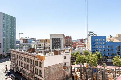 the view of the city from the roof of a building