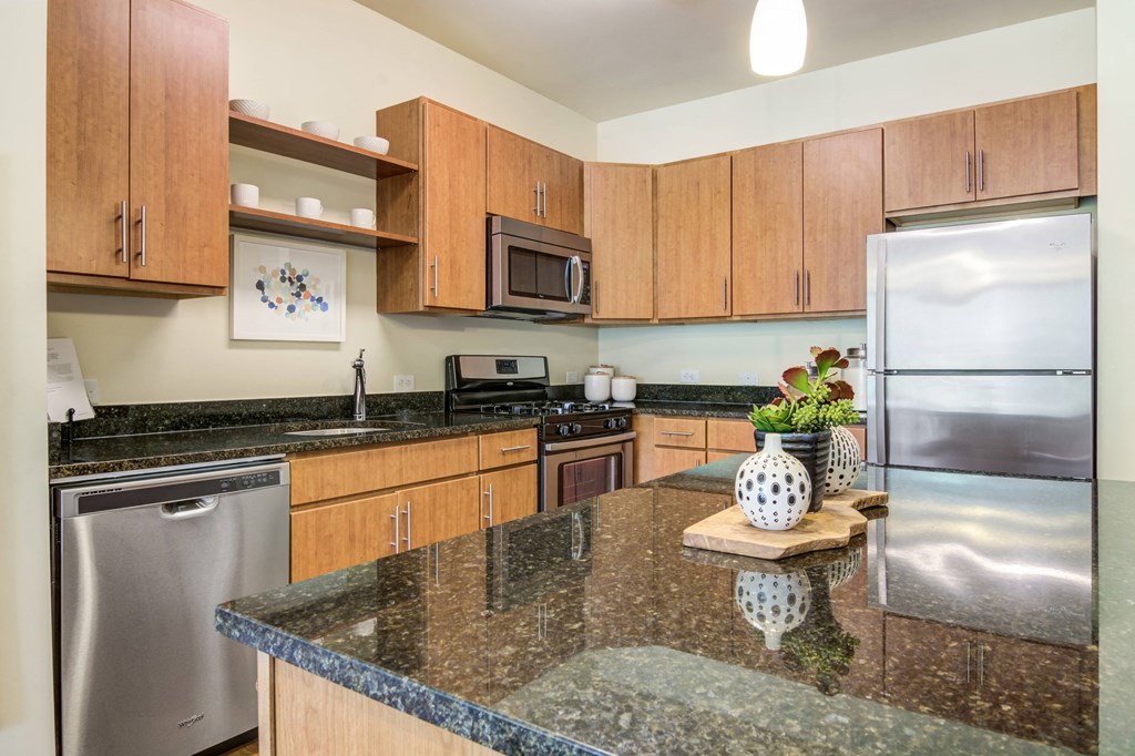 kitchen with granite countertops and stainless steel appliances