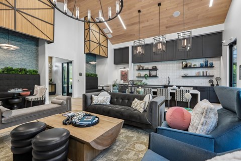 A modern living room with a black couch and a wooden coffee table.