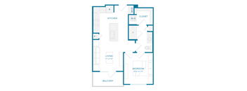 A blueprint of a house layout with a kitchen, living room, bedroom, and balcony.