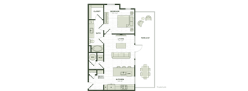 A floor plan of a house with a bedroom, bathroom, living room, kitchen, and terrace.