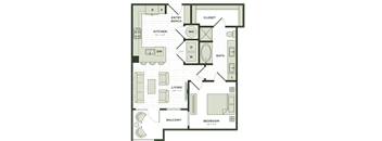 A floor plan of an apartment with a living room, kitchen, bathroom, and bedroom.