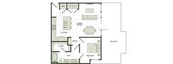 A floor plan of a house with a living room, dining room, kitchen, and bedroom.