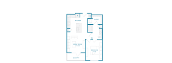 A floor plan of a home with a kitchen, great room, bedroom, and balcony.