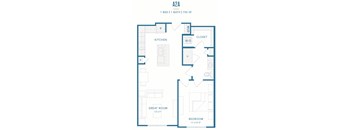 A floor plan of a one bedroom apartment with a bathroom and a kitchen.