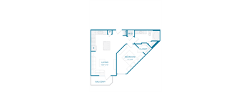 A blueprint of a house layout with a living room, bedroom, and closet.