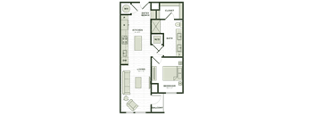A floor plan of a house with a living room, bedroom, kitchen, and bathroom.