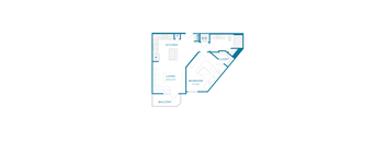 A blueprint of a house layout with a living area, kitchen, bedroom, and bathroom.