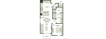 A floor plan of a balcony apartment with a living room, kitchen, bathroom, and bedroom.