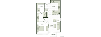 A floor plan of an apartment with a kitchen, living room, and bedroom.