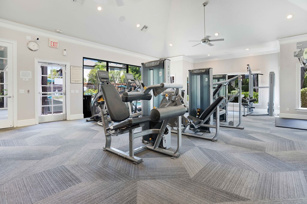 A gym with a row of treadmills and a weight machine.