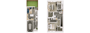 A floor plan of a small apartment with a kitchen, living room, and bathroom.