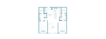 A blue and white floor plan of a house with a living room, two bedrooms, a dining room, kitchen, and two closets.
