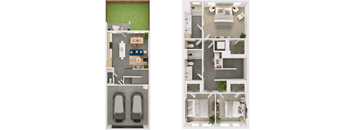 A floor plan of a small apartment with two bedrooms and a bathroom.