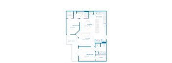 A blue and white floor plan of an apartment with a living room, dining room, kitchen, two bedrooms, and a balcony.