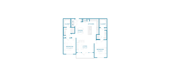 A floor plan of a house with two bedrooms, a living room, a dining room, a kitchen, and two closets.