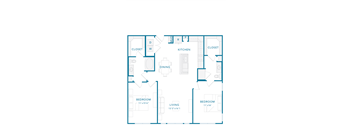 A blueprint of a house layout with two bedrooms, a living area, kitchen, dining area, and two closets.