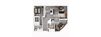 A floor plan of a house with a kitchen, living room, and two bedrooms.