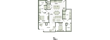 A floor plan with one bedroom, living room, kitchen, and bathroom.