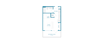 A floor plan of a small apartment with a kitchen, sleep nook, living room, and closet.