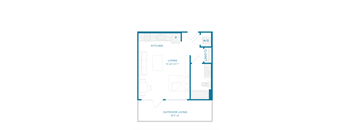 A floor plan of a house with a kitchen, living room, and outdoor living space.