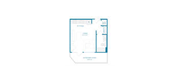 A floor plan of a house with a kitchen, living room, and outdoor living space.