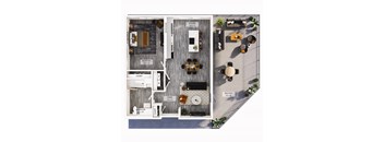 A floor plan of a house with a living room, dining room, kitchen, and bathroom.