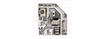A floor plan of a house with a kitchen, living room, and two bedrooms.