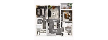 A floor plan of a house with a balcony, living room, dining room, kitchen, and two bathrooms.