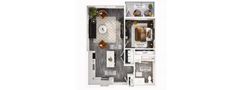A floor plan of a small apartment with a living room, kitchen, bedroom, bathroom, and two closets.