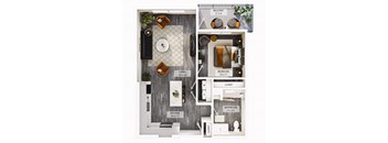 A floor plan of a small apartment with a living room, kitchen, bedroom, bathroom and closet.