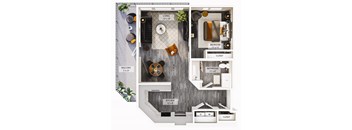 A floor plan of a small apartment with a living room, bedroom, bathroom, kitchen, and balcony.