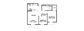 A black and white image of a floor plan for a two bedroom apartment.