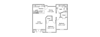 A floor plan of a home with a living room, dining room, kitchen, and three bedrooms.