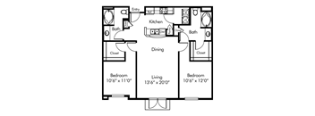 A black and white image of a floor plan for a two bedroom apartment.