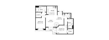 A floor plan of a house with two bedrooms, a living room, a kitchen, a dining room, a bathroom, a closet, a pantry, and a laundry room.