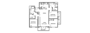 A black and white image of a floor plan for a home with a living room, dining room, and three bedrooms.