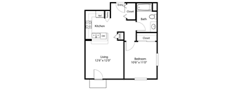 A floor plan of a small apartment with a living room, kitchen, bathroom, and bedroom.
