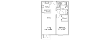 A drawing of a floor plan for a small apartment with a living room, dining room, kitchen, bathroom, and bedroom.