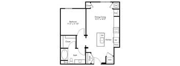 A black and white image of a floor plan for a small apartment.