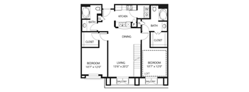A black and white floor plan of a house with two bedrooms, a living room, a dining room, a kitchen, a bathroom, and a closet.