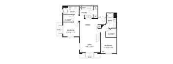 A black and white image of a floor plan for a two bedroom apartment.