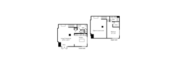 A floor plan of a two level home with a living/commercial area on the lower level and a bedroom on the upper level.