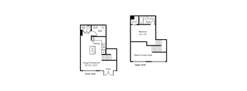 A floor plan of a two-level home with a living/commercial space on the lower level and a bedroom on the upper level.