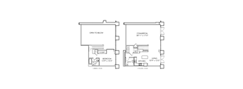 A floor plan shows a bedroom, living room, kitchen, and commercial space.