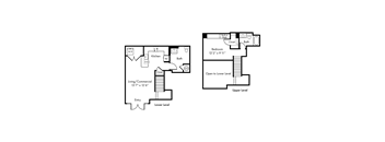 A floor plan of a two-level home with a living/commercial area on the lower level and a bedroom on the upper level.