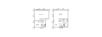 A floor plan shows a bedroom and living room on the upper level and a commercial space on the lower level.