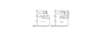 A floor plan of a two-story home with a bedroom, living room, kitchen, and commercial space.