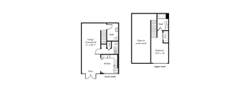 A floor plan of a two-story residential building with a living room, kitchen, and two bathrooms.