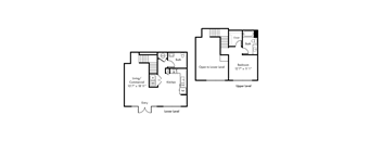 A floor plan of a two-level home with a living/commercial space on the lower level and a bedroom on the upper level.